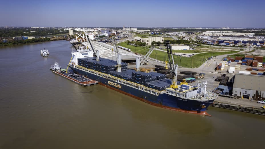 Amazon containers are arrive at the Port of Houston on the Star Lygra cargo vessel on October 5, 2021