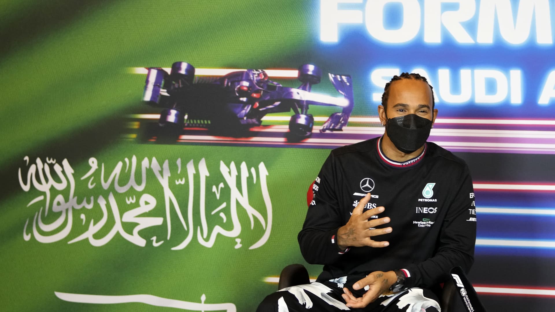 Jeddah, SAUDI ARABIA: Lewis Hamilton of Great Britain and Mercedes GP talks in the Drivers Press Conference during previews ahead of the F1 Grand Prix of Saudi Arabia at Jeddah Corniche Circuit on December 02, 2021.