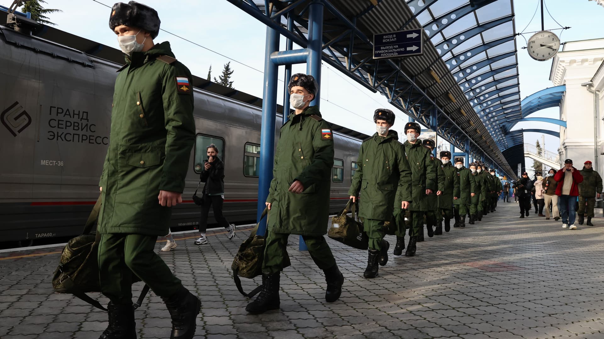 Conscripts line up at a railway station before departing for military service with the Russian Army. This year, the autumn military call-up in Russia lasts from October 1 to December 31; estimated 127,500 men are going to be drafted.