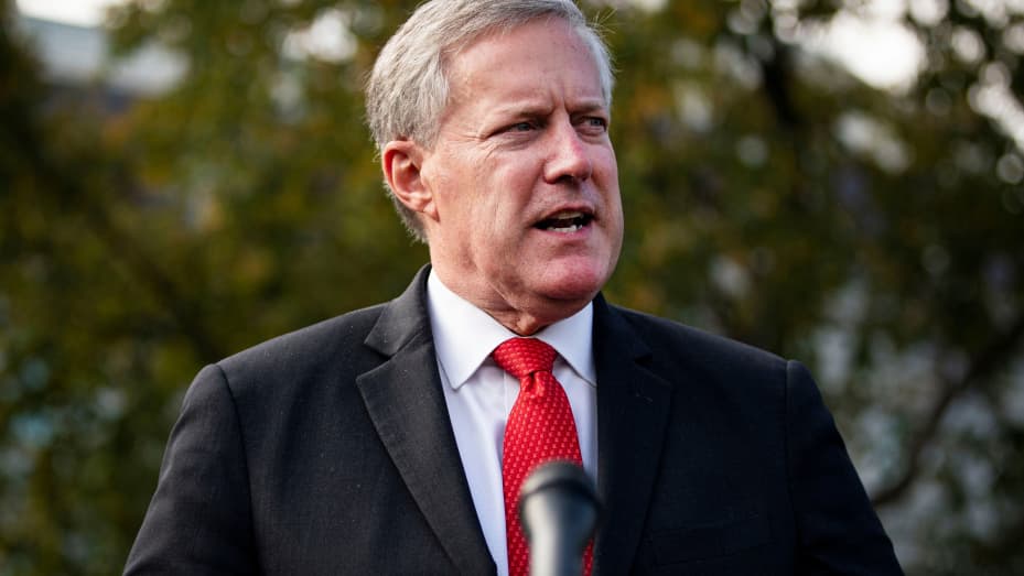White House Chief of Staff Mark Meadows speaks to reporters following a television interview, outside the White House in Washington, October 21, 2020.
