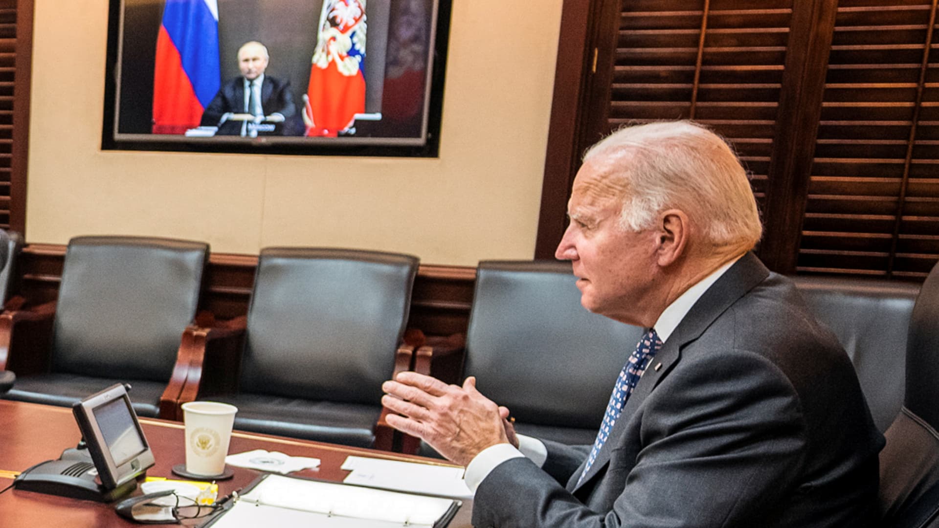 U.S. President Joe Biden holds virtual talks with Russia's President Vladimir Putin amid Western fears that Moscow plans to attack Ukraine, during a secure video call from the Situation Room at the White House in Washington, U.S., December 7, 2021.