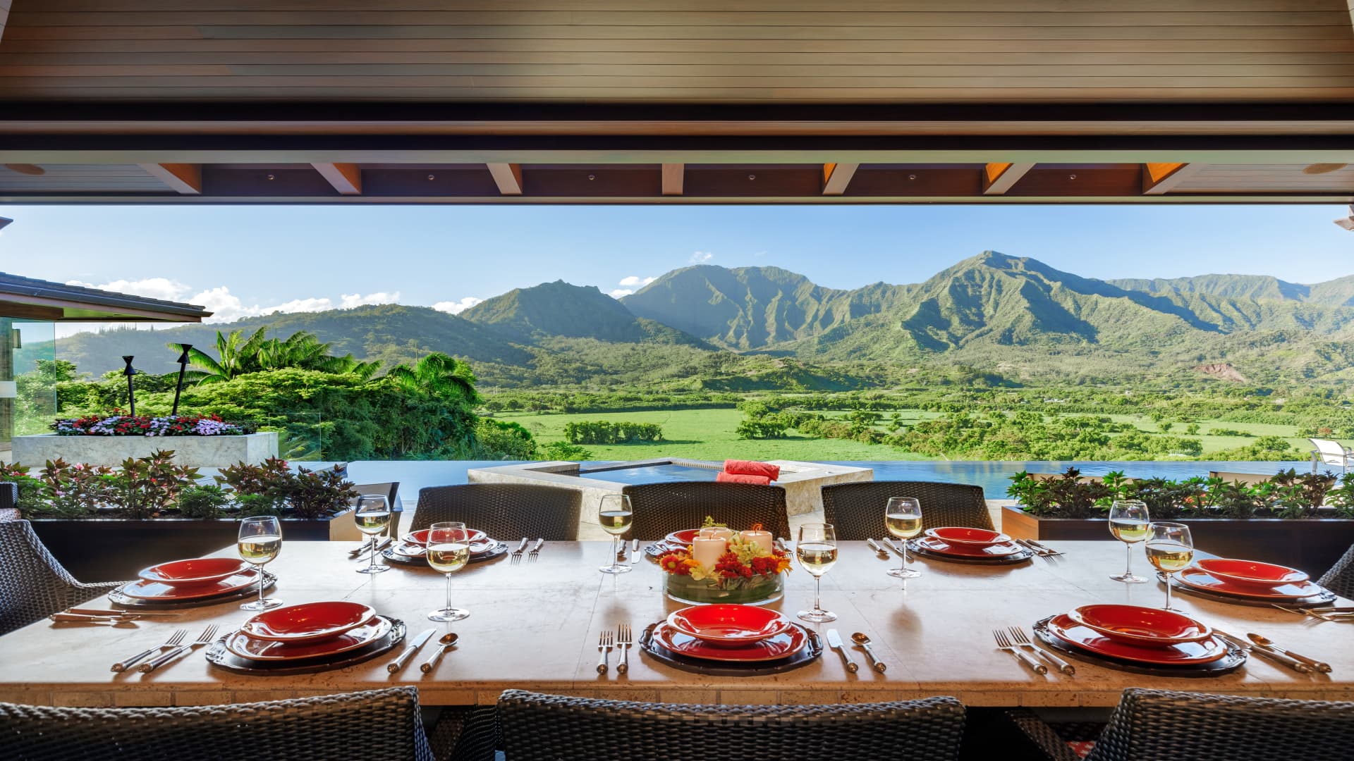 A view of the lanai's dining area.