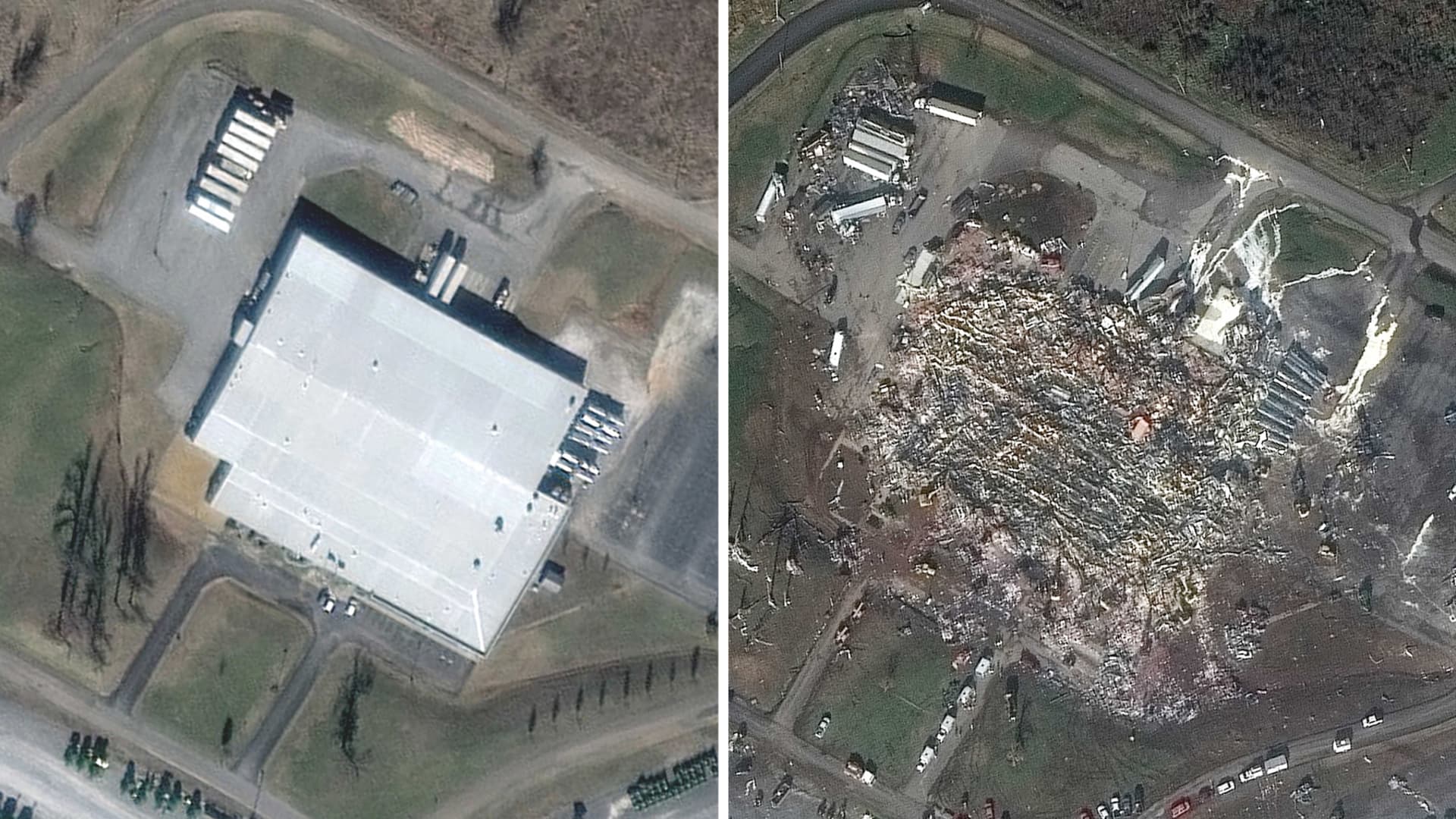 Before and after satellite images showing tornado destruction in Mayfield, Kentucky on Dec. 11th, 2021.
