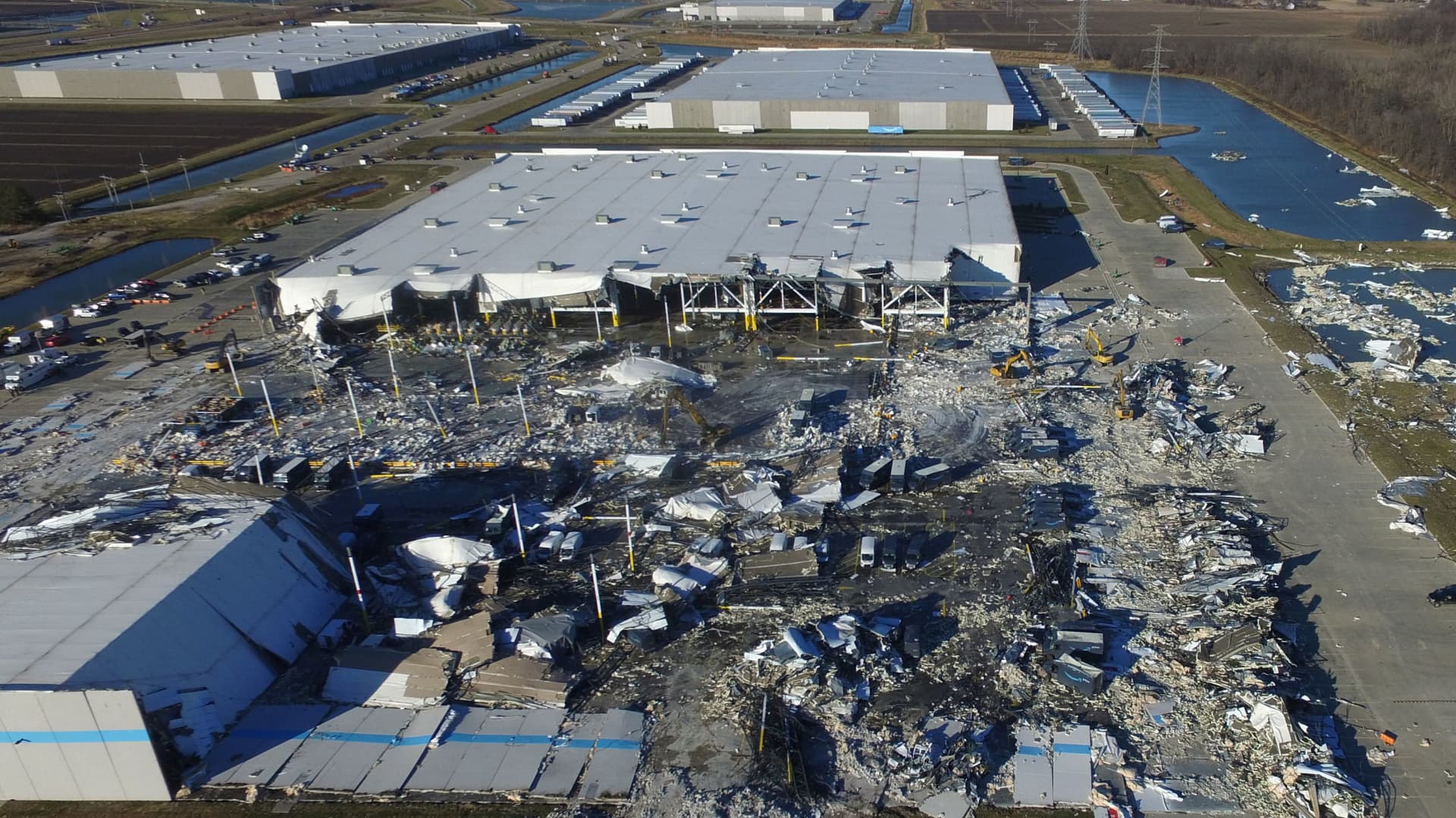 The site of a roof collapse at an Amazon.com distribution centre a day after a series of tornadoes dealt a blow to several U.S. states, in Edwardsville, Illinois, U.S. December 11, 2021.