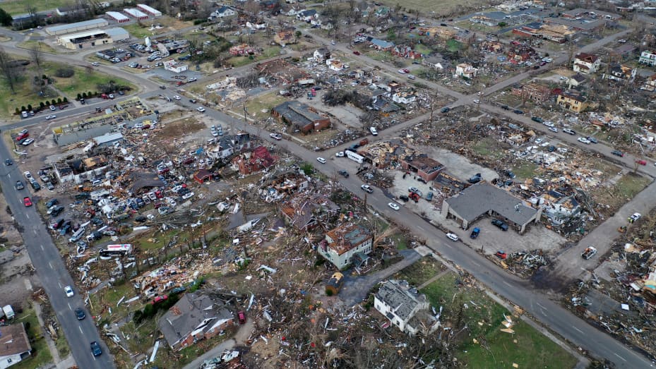 An aerial view of homes and business destroyed by a tornado on December 11, 2021 in Mayfield, Kentucky.