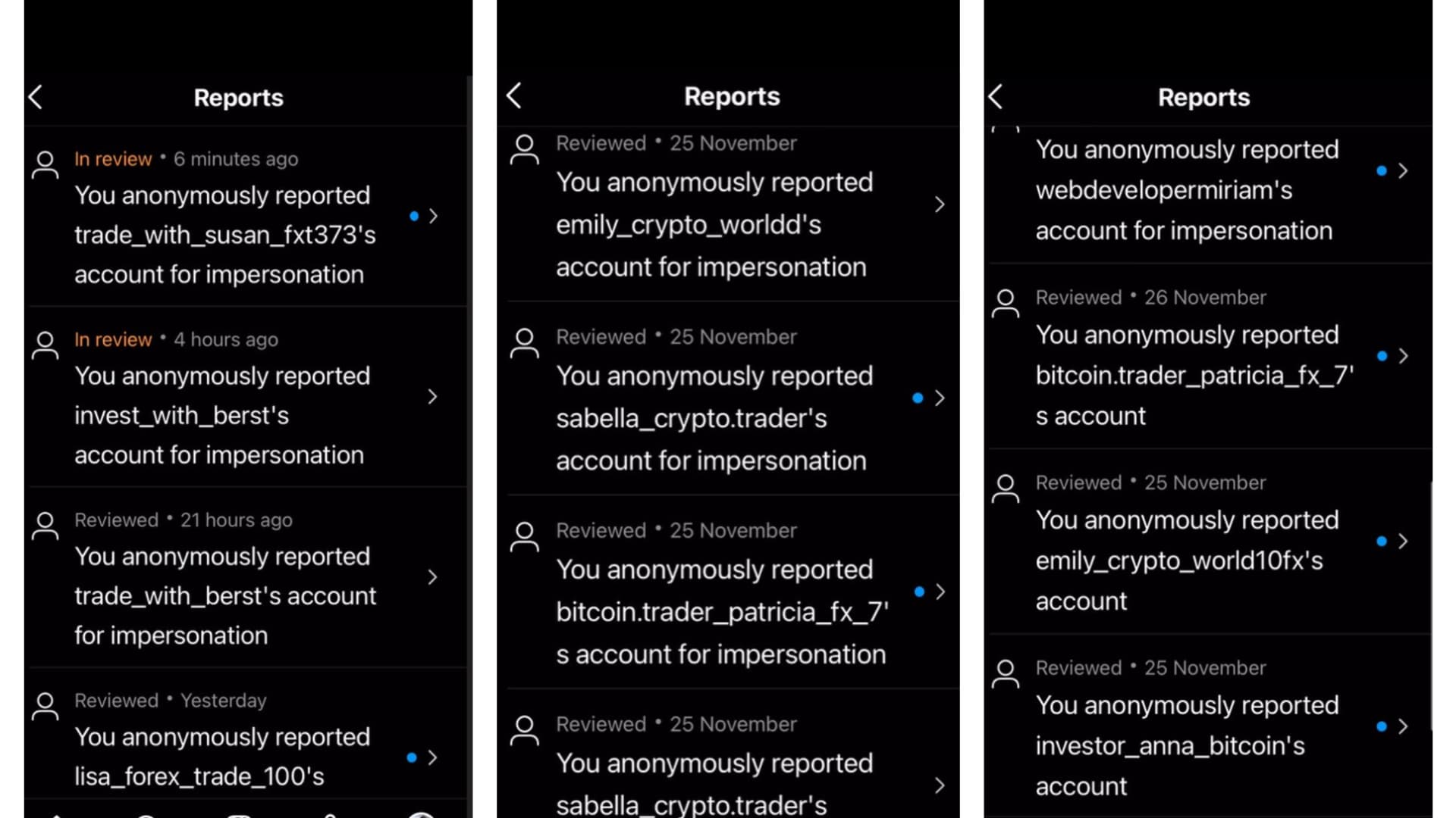 A few screenshots Milly Berst shared with CNBC showing several of the impersonation accounts she has reported to Instagram.