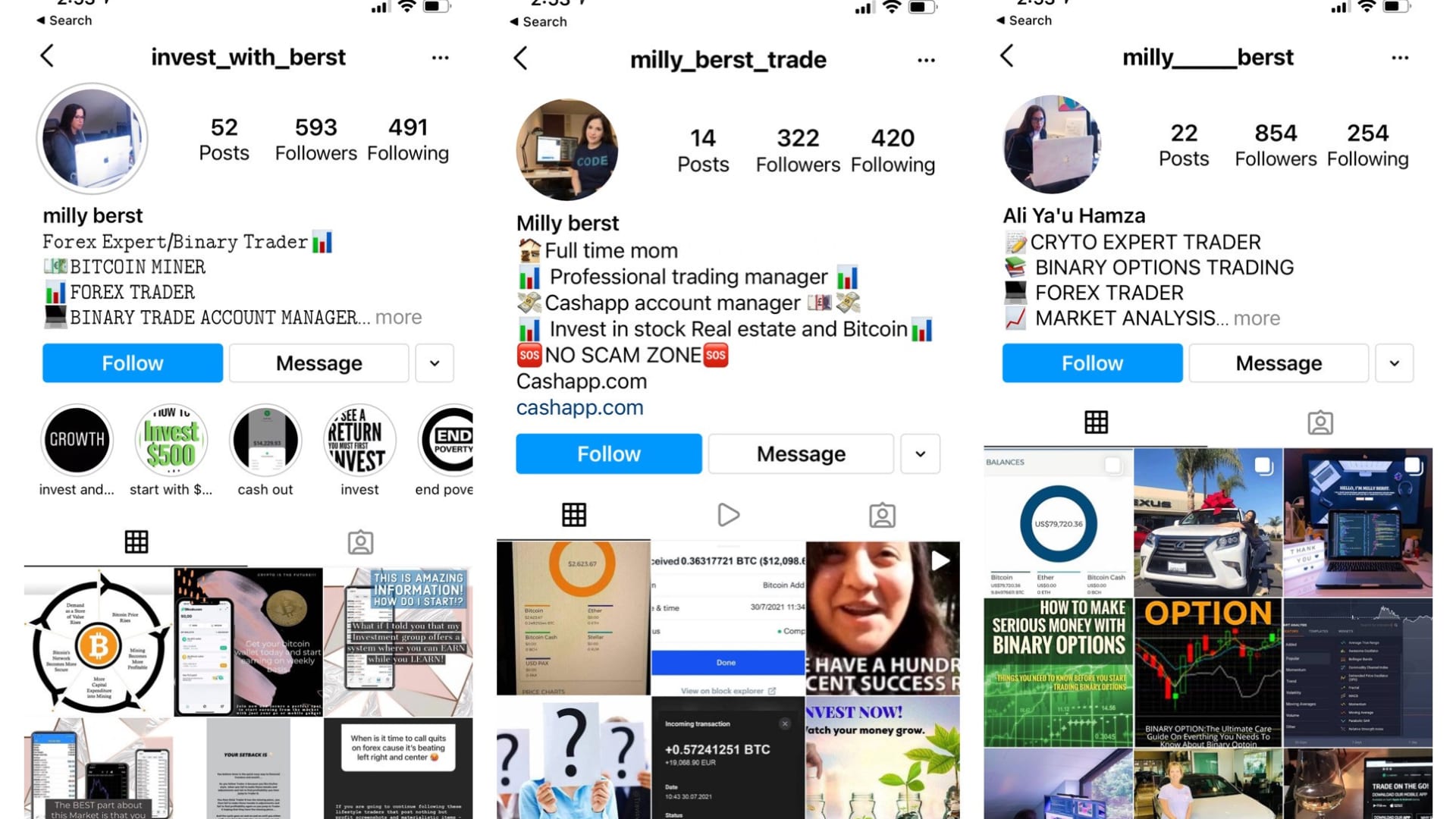 Several accounts impersonating Milly Berst posing as trading experts on Instagram.