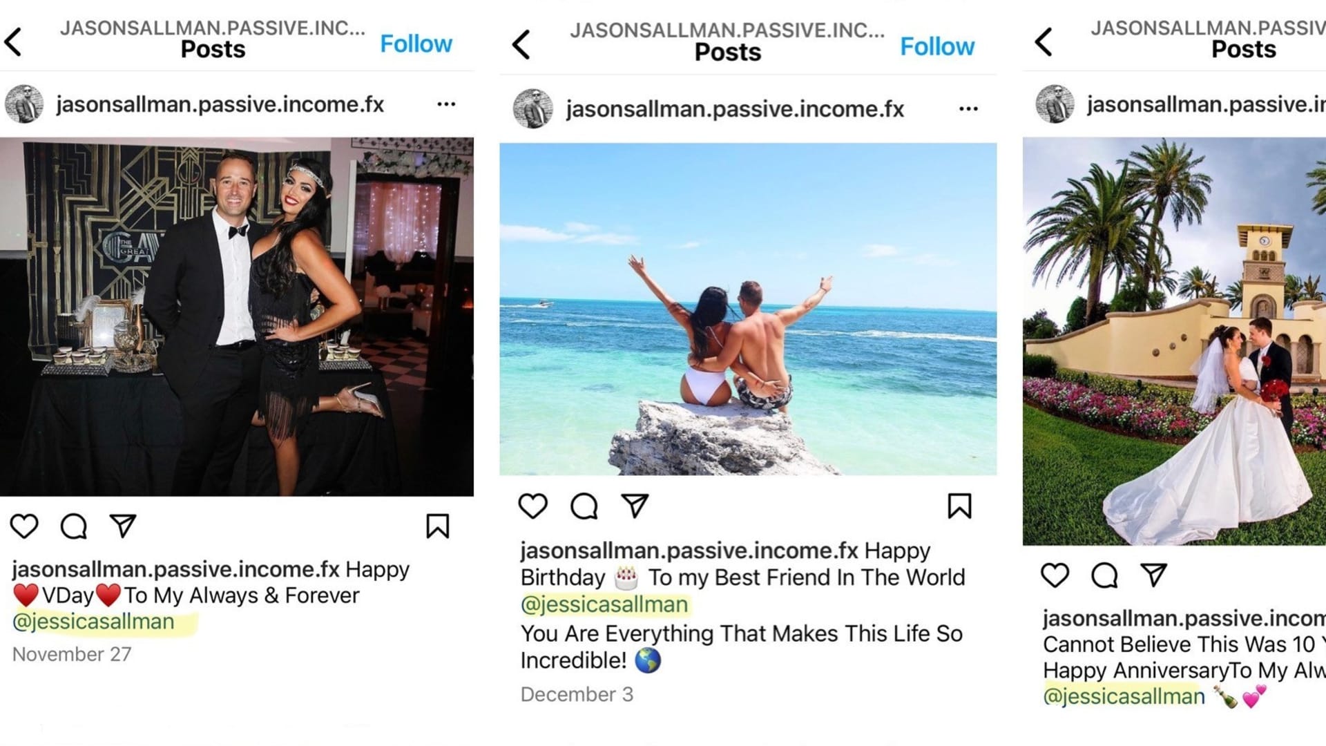 One of Sallman's impersonators @jasonsallman.passive.income.fx has stolen several photos of Sallman with his wife and tagged her in the captions @jessicasallman.