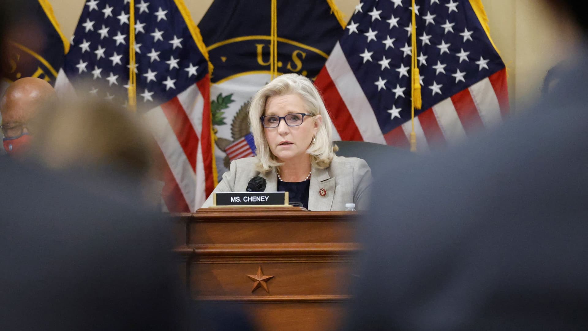 U.S. House Select Committee on Jan. 6th Vice-Chair Representative Liz Cheney (R-WY) delivers remarks as members meet to vote on whether Mark Meadows, who served as former President Donald Trump's chief of staff, should be cited for contempt of Congress on Capitol Hill in Washington, U.S. December 13, 2021.