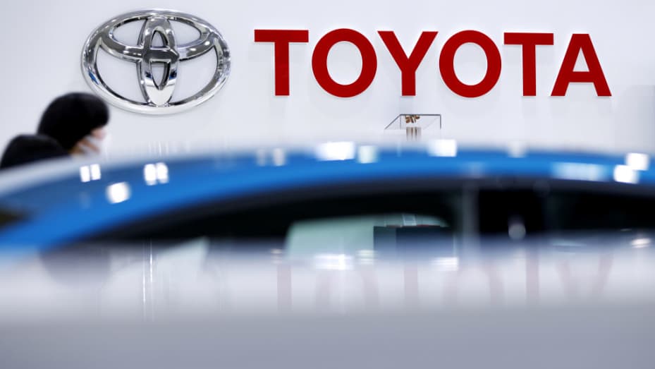 The Toyota Motor Corp. logo in the Toyota City Showcase exhibit at the company's Mega Web car theme park in Tokyo, Japan, on Monday, Nov. 1, 2021.