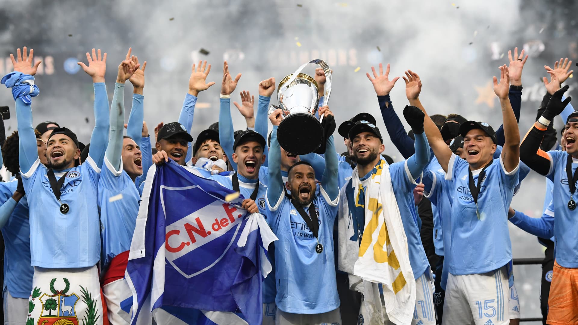The New York City FC celebrate winning the 2021 MLS Cup during the MLS Cup Final between the Portland Timbers and New York City FC on December 11, 2021 at Providence Park in Portland, Oregon.