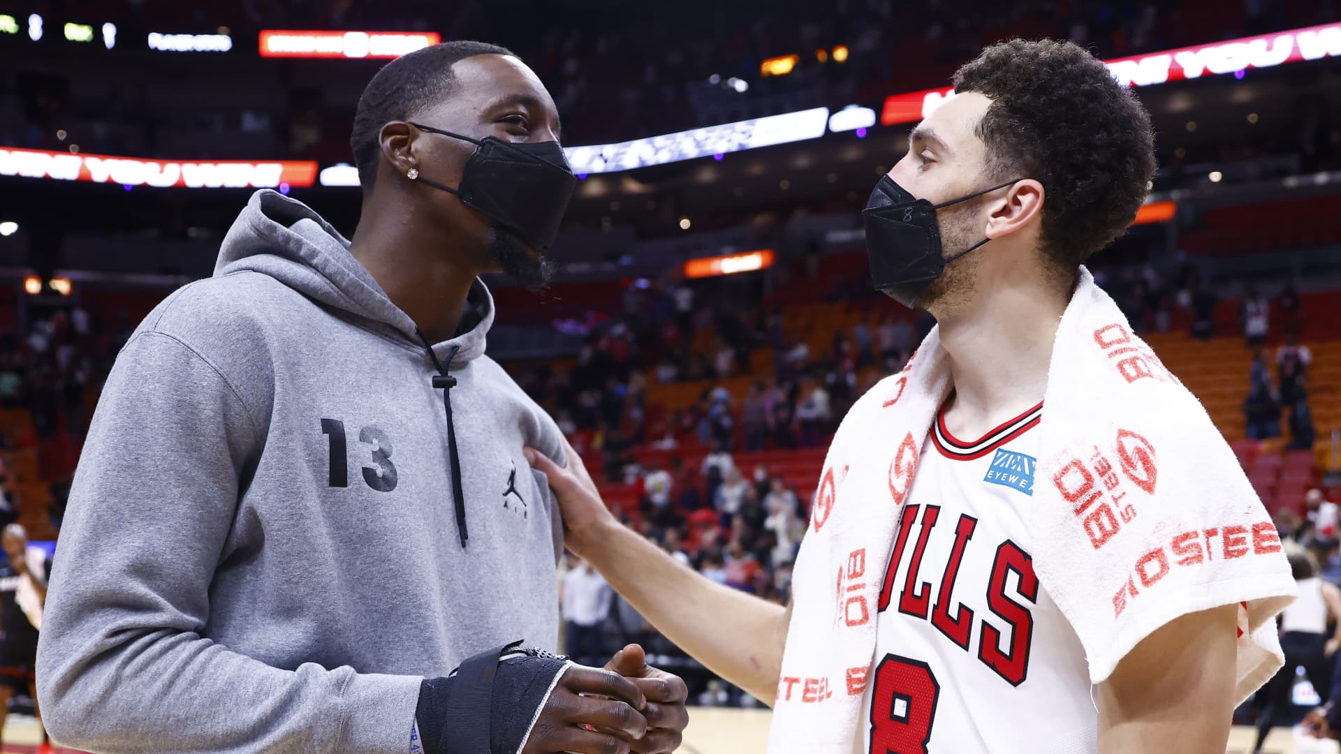 Bam Adebayo #13 of the Miami Heat greets Zach LaVine #8 of the Chicago Bulls after the game at FTX Arena on December 11, 2021 in Miami, Florida.