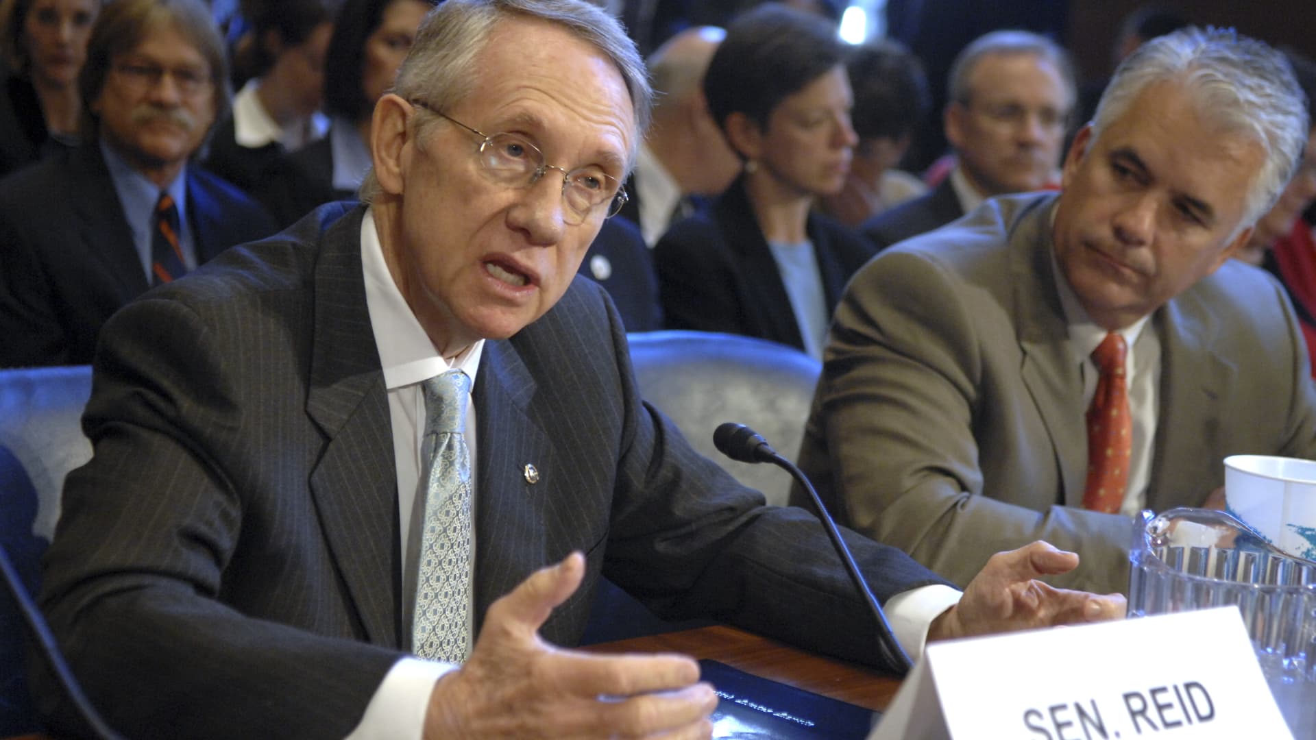 Former Senate Majority Leader Harry Reid, D-Nev., left, and Sen. John Ensign, R-Nev., testified at a hearing on the Yucca Mountain Nuclear Waste Project.