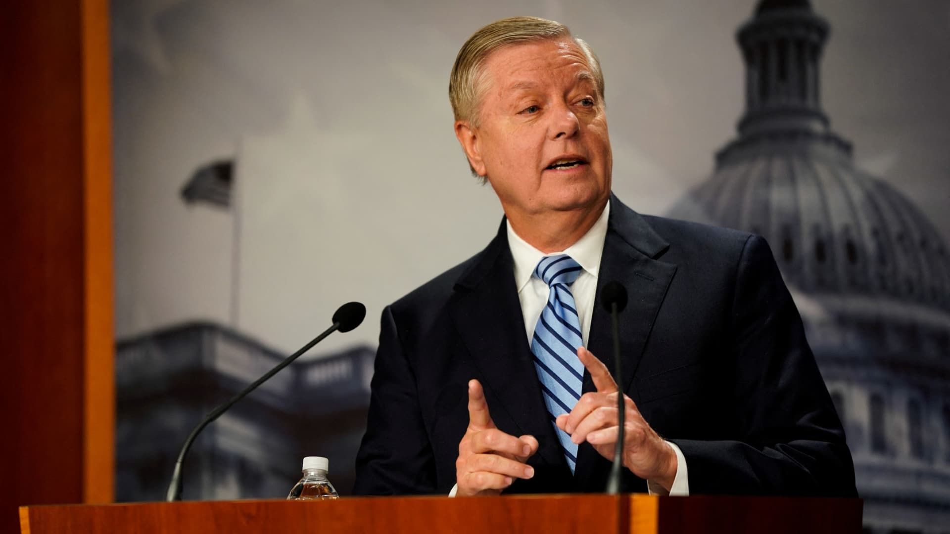 U.S. Senator Lindsey Graham (R-SC) talks about the cost of the Build Back Better package at the U.S. Capitol in Washington, December 16, 2021.