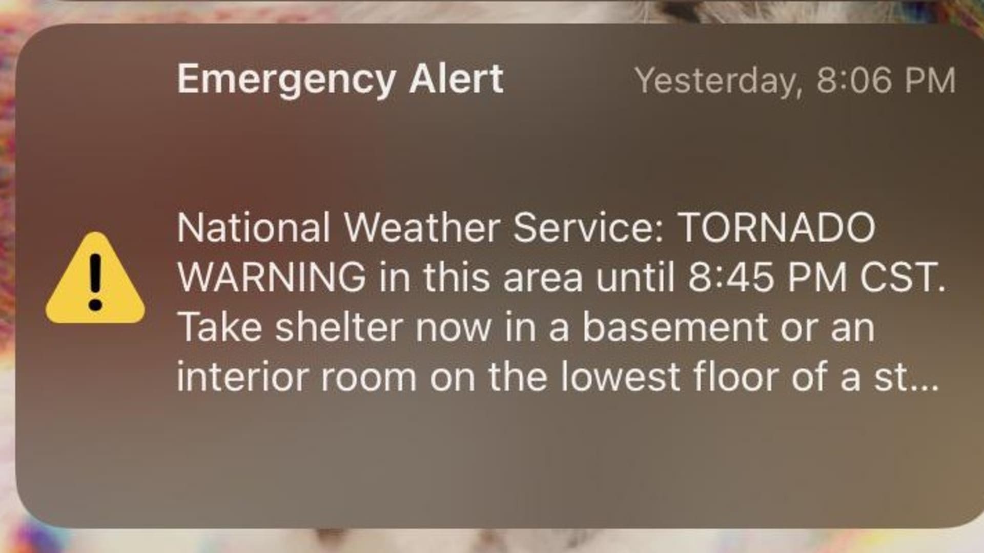 At 8:06 p.m. local time, the National Weather Service sent out an emergency alert of a tornado warning in the area.