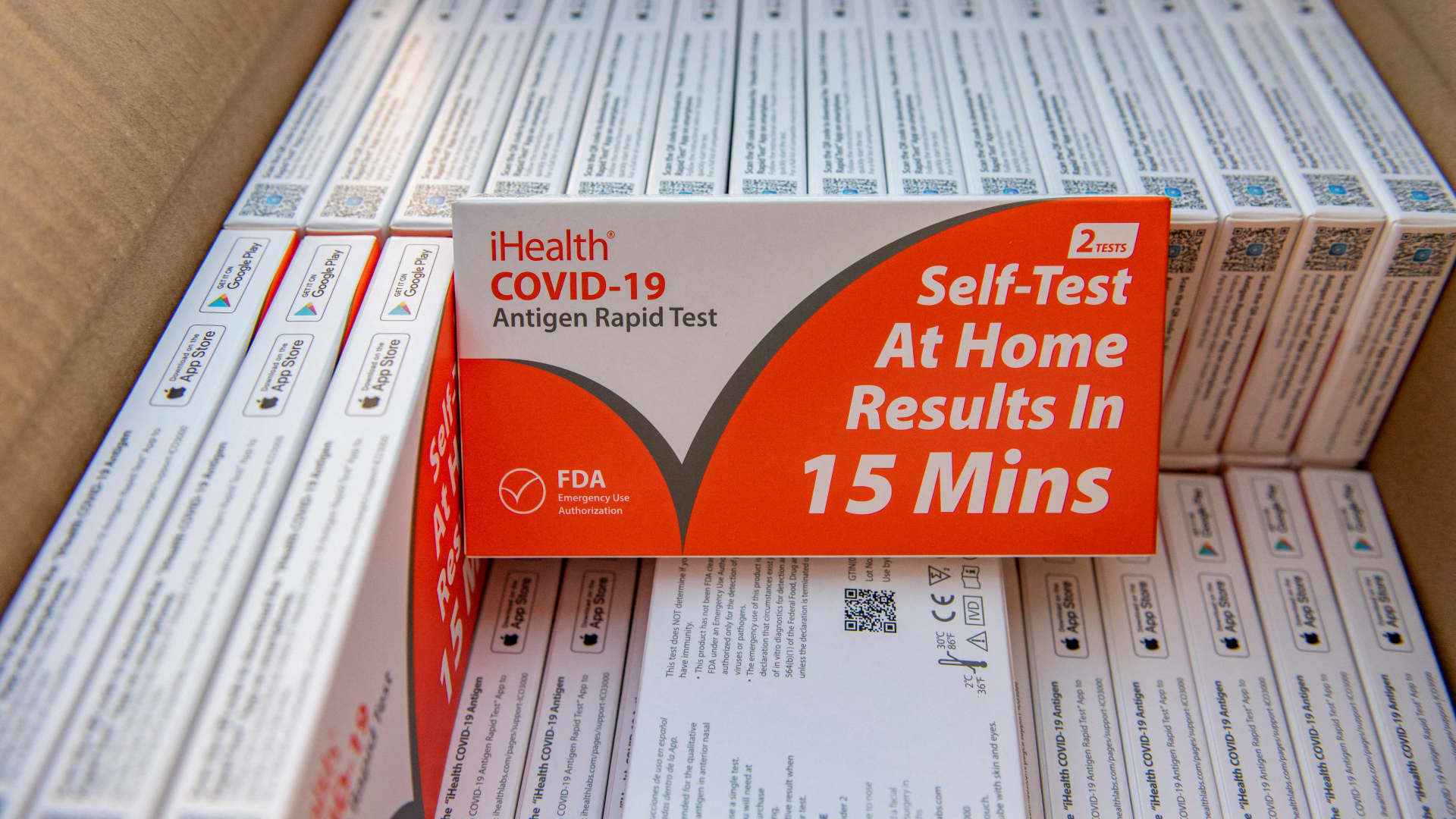 Rapid at-home Covid-19 test kits are ready to be distributed at the Chelsea Community Connections in Chelsea, Massachusetts on December 17, 2021.