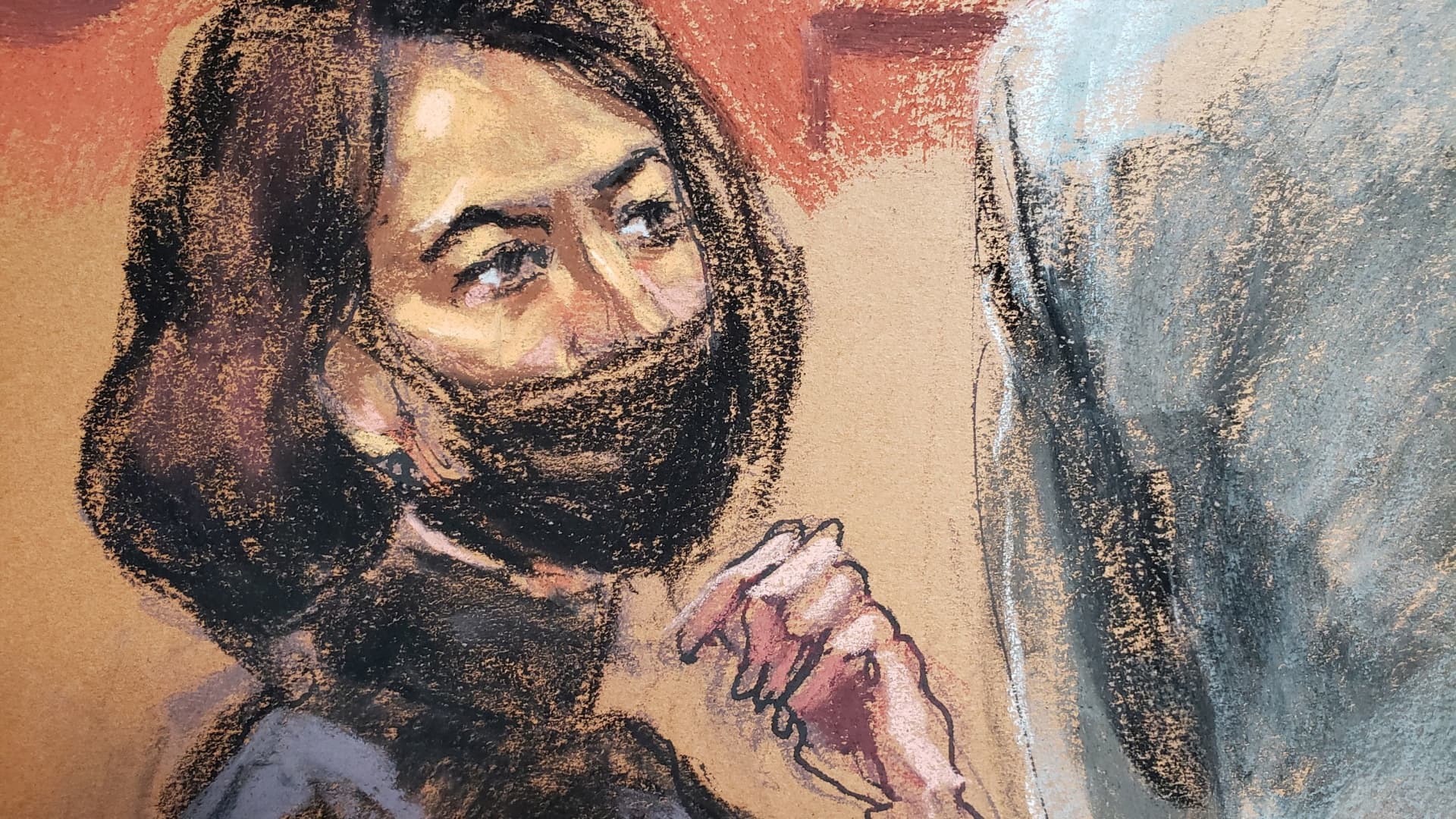 Ghislaine Maxwell watches as witness Eva Andersson is questioned by defense attorney Jeffrey Pagliuca during the trial of Maxwell, the Jeffrey Epstein associate accused of sex trafficking, in a courtroom sketch in New York City, December 17, 2021.
