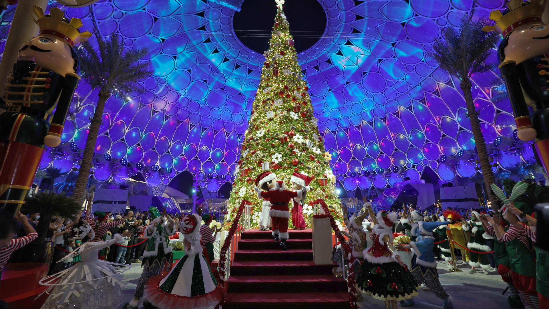 Dubai has lighting ceremonies of large, elaborately decorated Christmas trees, like this one at the Al-Wasl Dome at the heart of Expo 2020 Dubai.