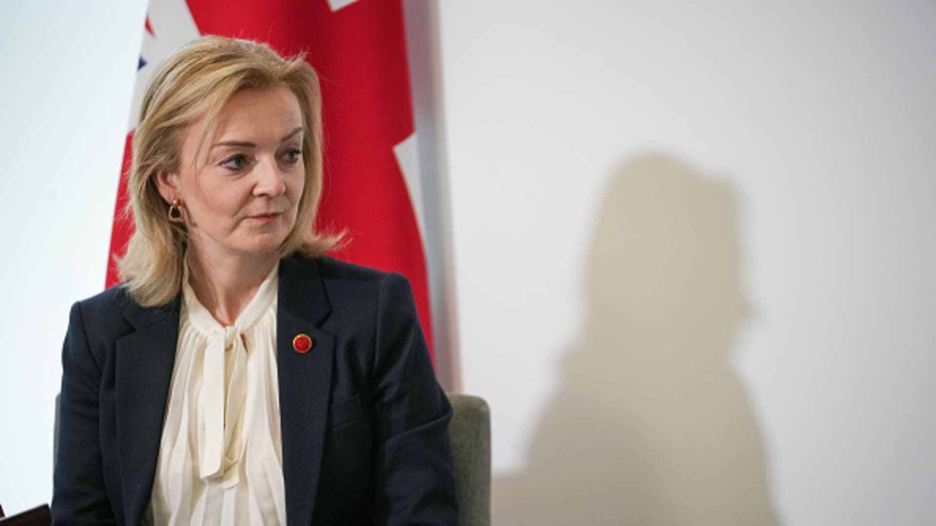 British Foreign Secretary Liz Truss at a G7 meeting in the Museum of Liverpool.