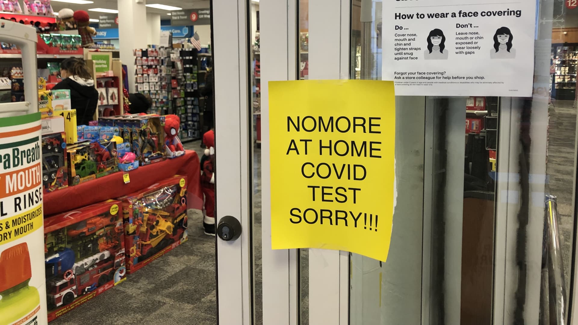 A sign at a CVS store in Brooklyn notifying shoppers there are no more at home Covid-19 tests available on Dec. 21st, 2021.