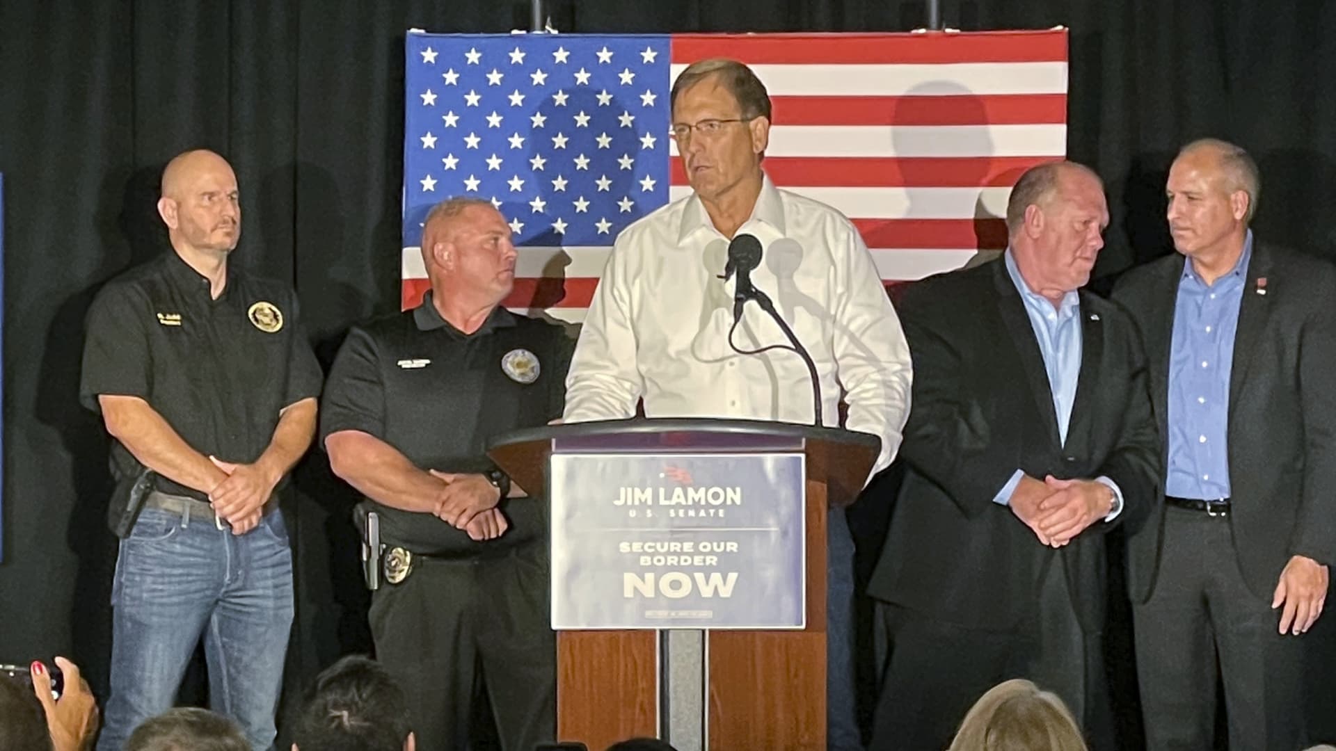 Arizona businessman Jim Lamon, a Republican candidate for U.S. Senate, speaks to supporters as he accepts an endorsement from law enforcement groups in Phoenix on Wednesday, Sept. 15, 2021.
