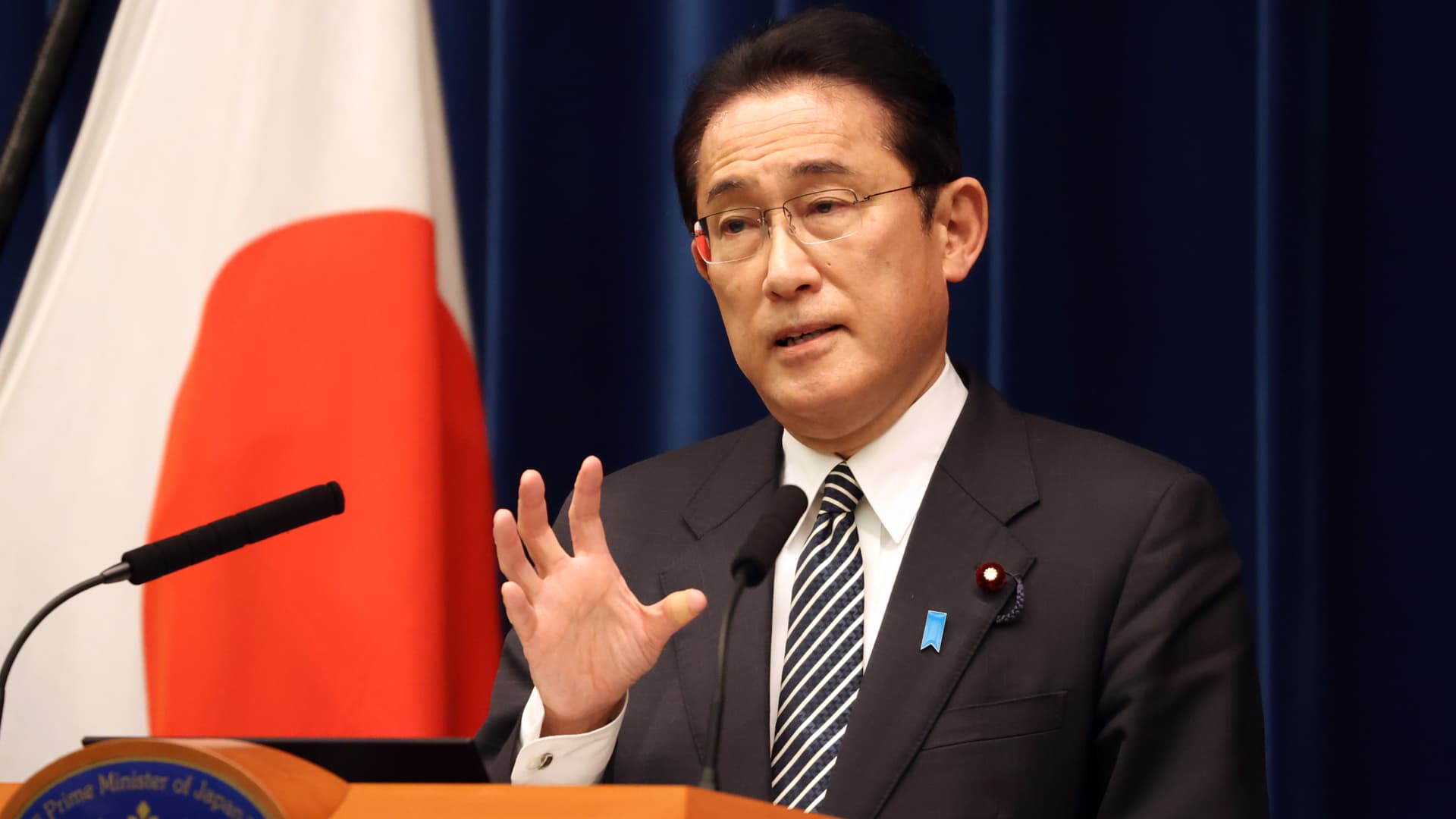 Japanese Prime Minister Fumio Kishida speaks to press members at Prime Minister's official residence in Tokyo, Japan after a session on December 21, 2021.