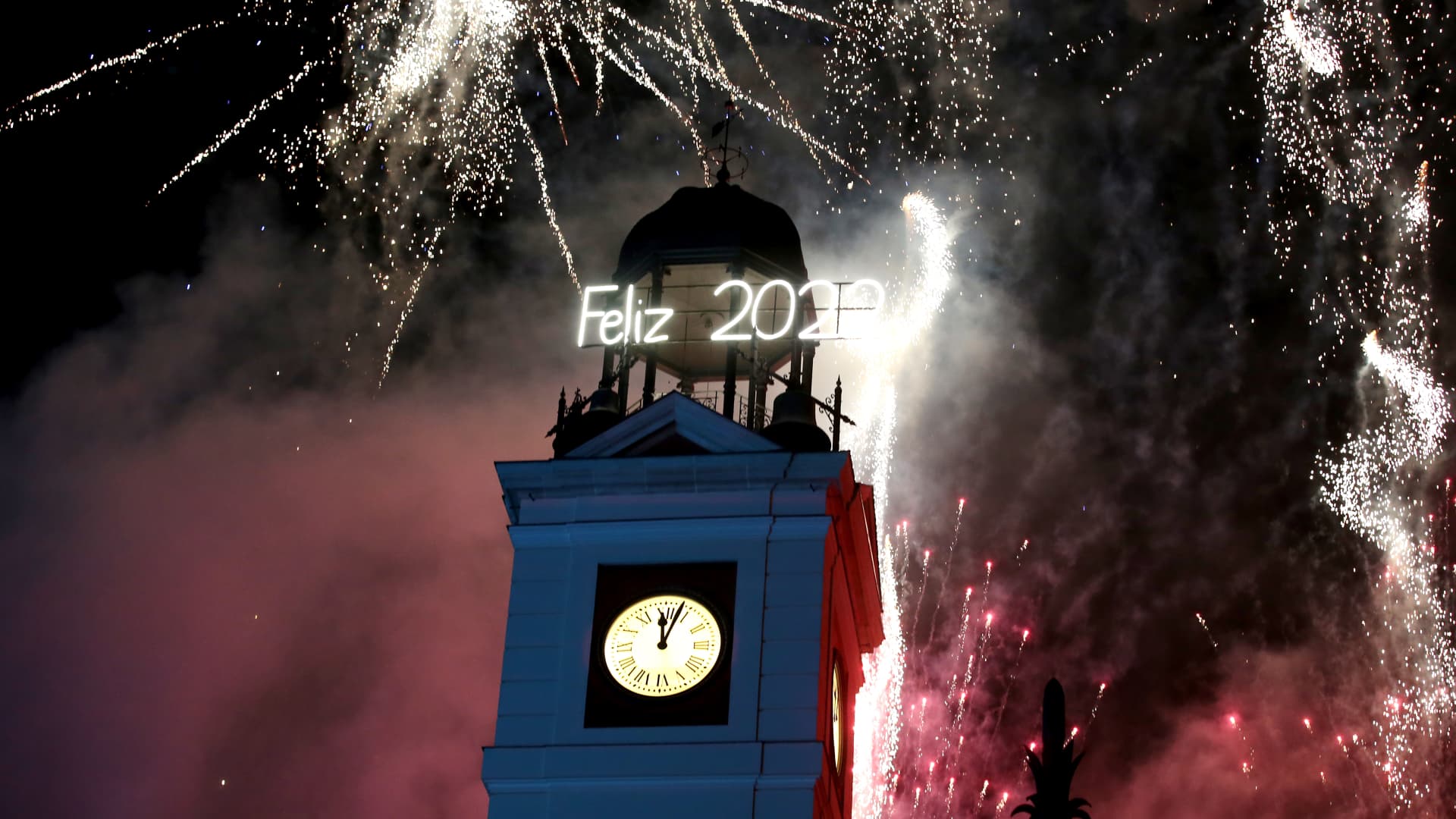 Fireworks light up the sky as part of New Year celebrations at the Puerta del Sol in Madrid, Spain on Dec. 31, 2021.