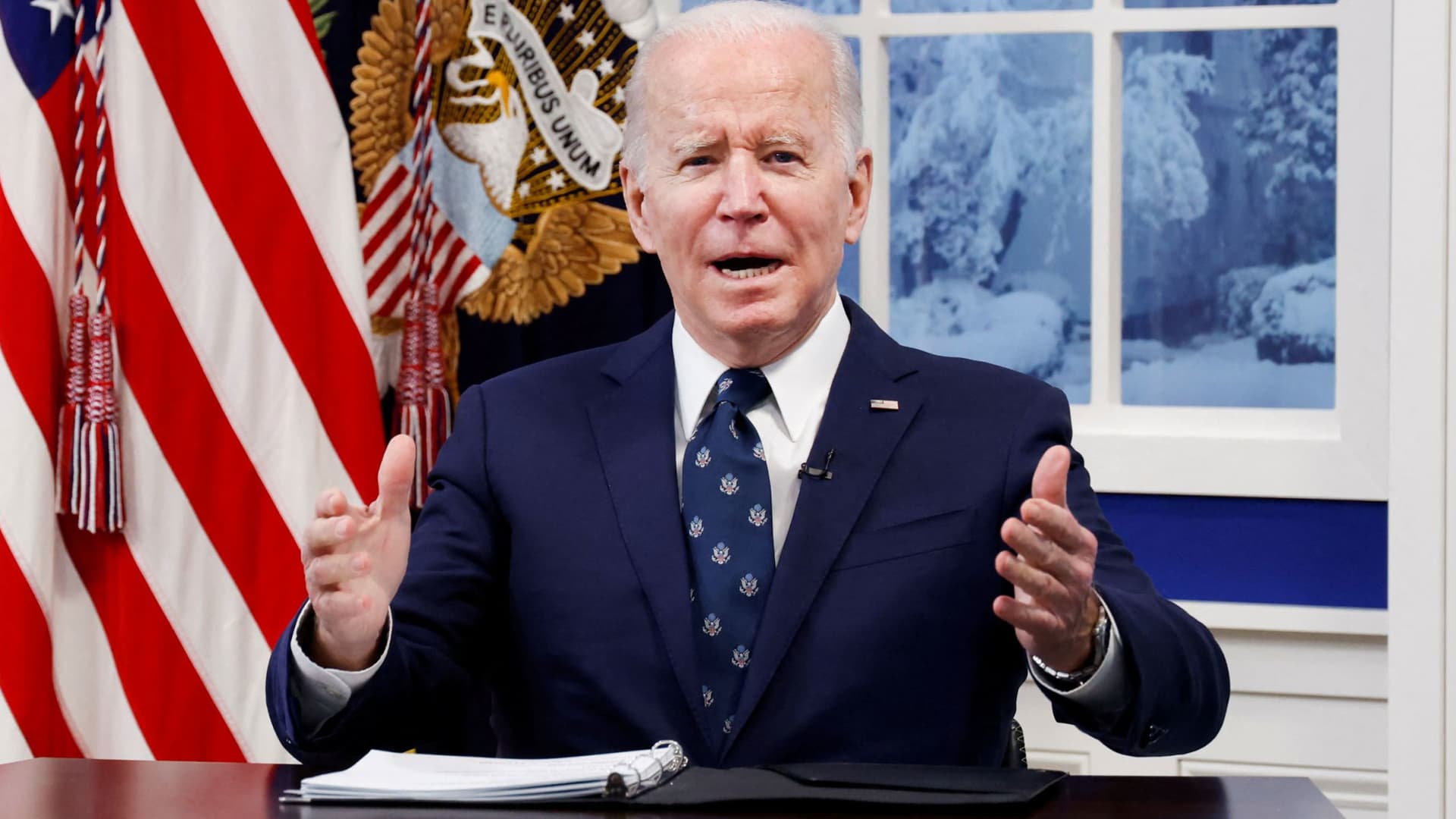 U.S. President Joe Biden speaks during a video conference with farmers, ranchers and meat processors to discuss meat and poultry supply chain issues, from an auditorium on the White House campus in Washington, January 3, 2022.