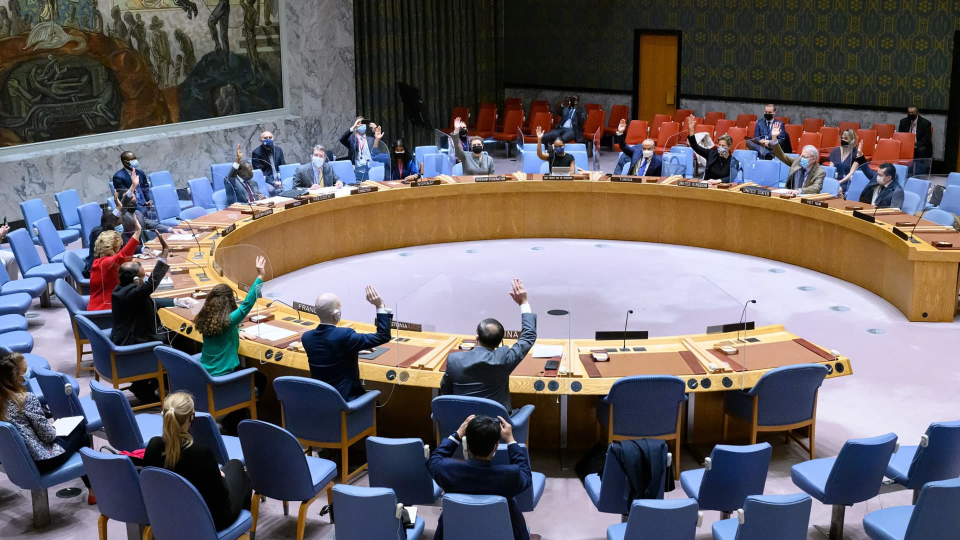 The UN Security Council votes on a draft resolution at UN Headquarters in New York, on Dec. 22, 2021.