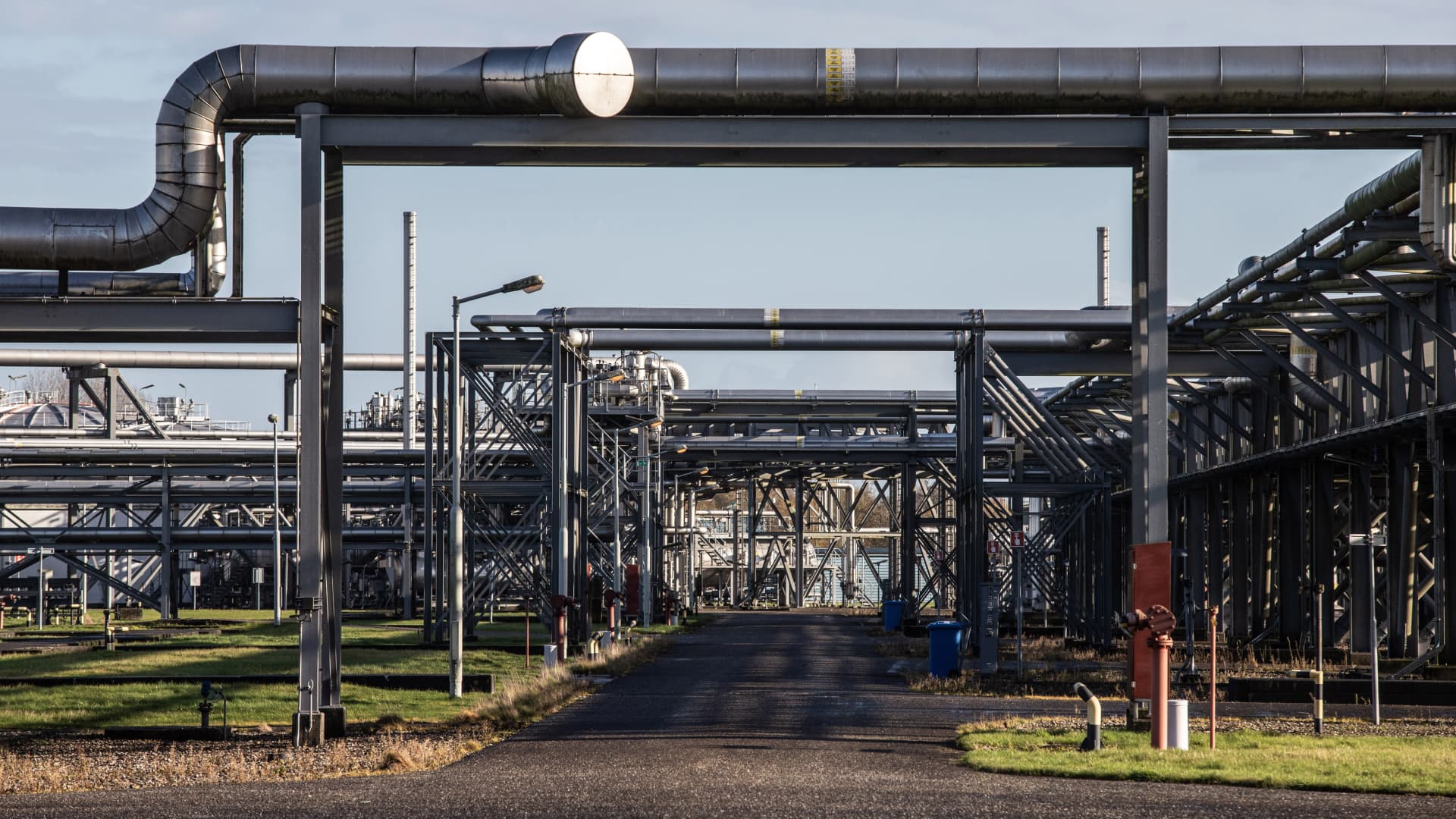 Pipework at a natural gas condensate storage and distribution site in Grijpskerk, Netherlands, on Wednesday, Nov. 17, 2021.