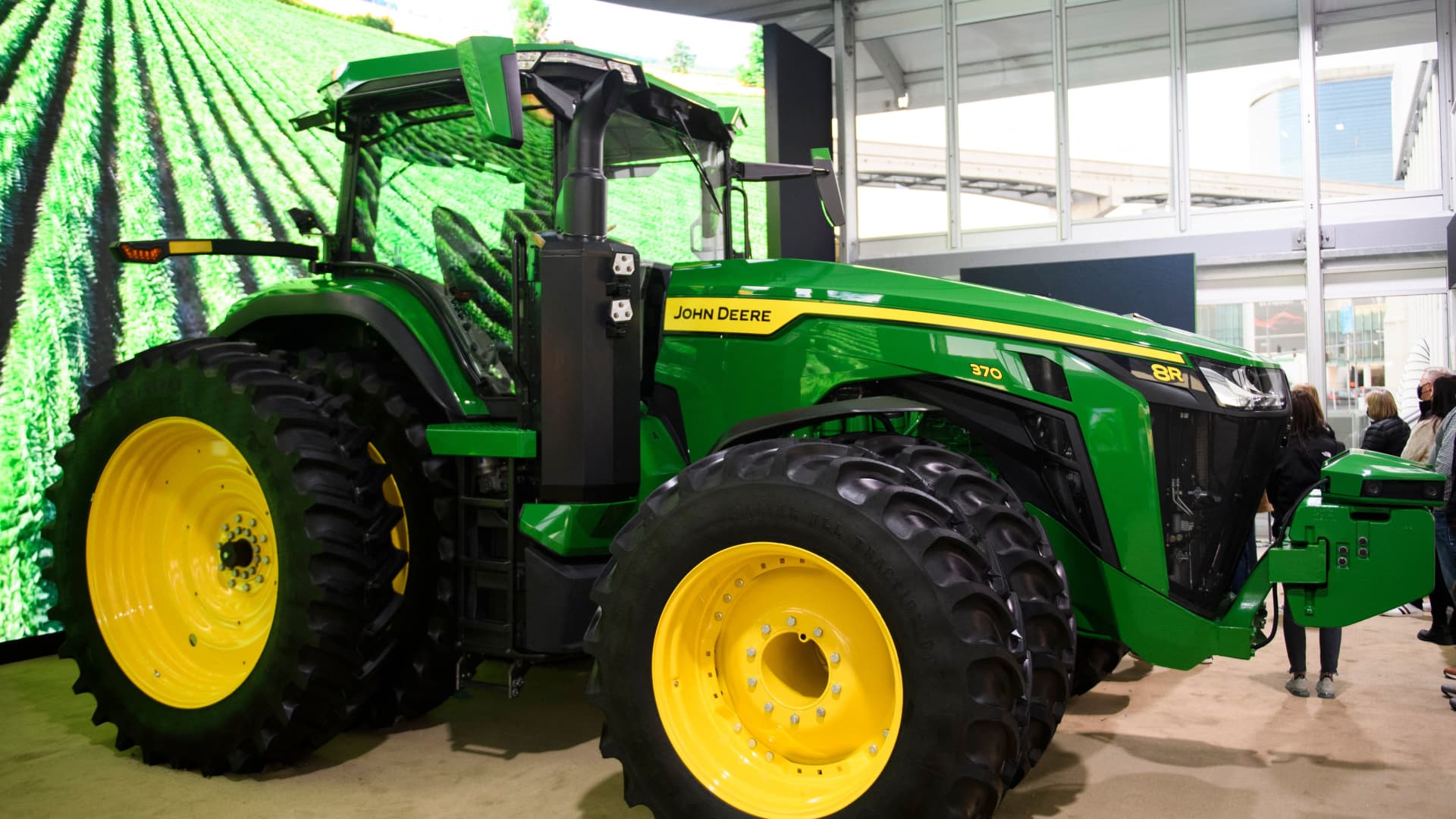 The Deer & Co. John Deere 8R fully autonomous tractor is displayed ahead of the Consumer Electronics Show (CES) on January 4, 2022 in Las Vegas, Nevada.