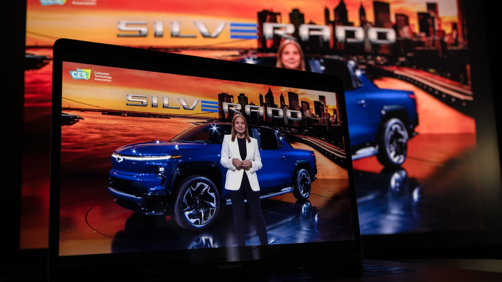 Mary Barra, chief executive officer of General Motors Co., presents the new Silverado elective vehicle during a live-streamed event at the CES 2022 trade show in Las Vegas, Nevada, U.S., on Wednesday, Jan. 5, 2022.