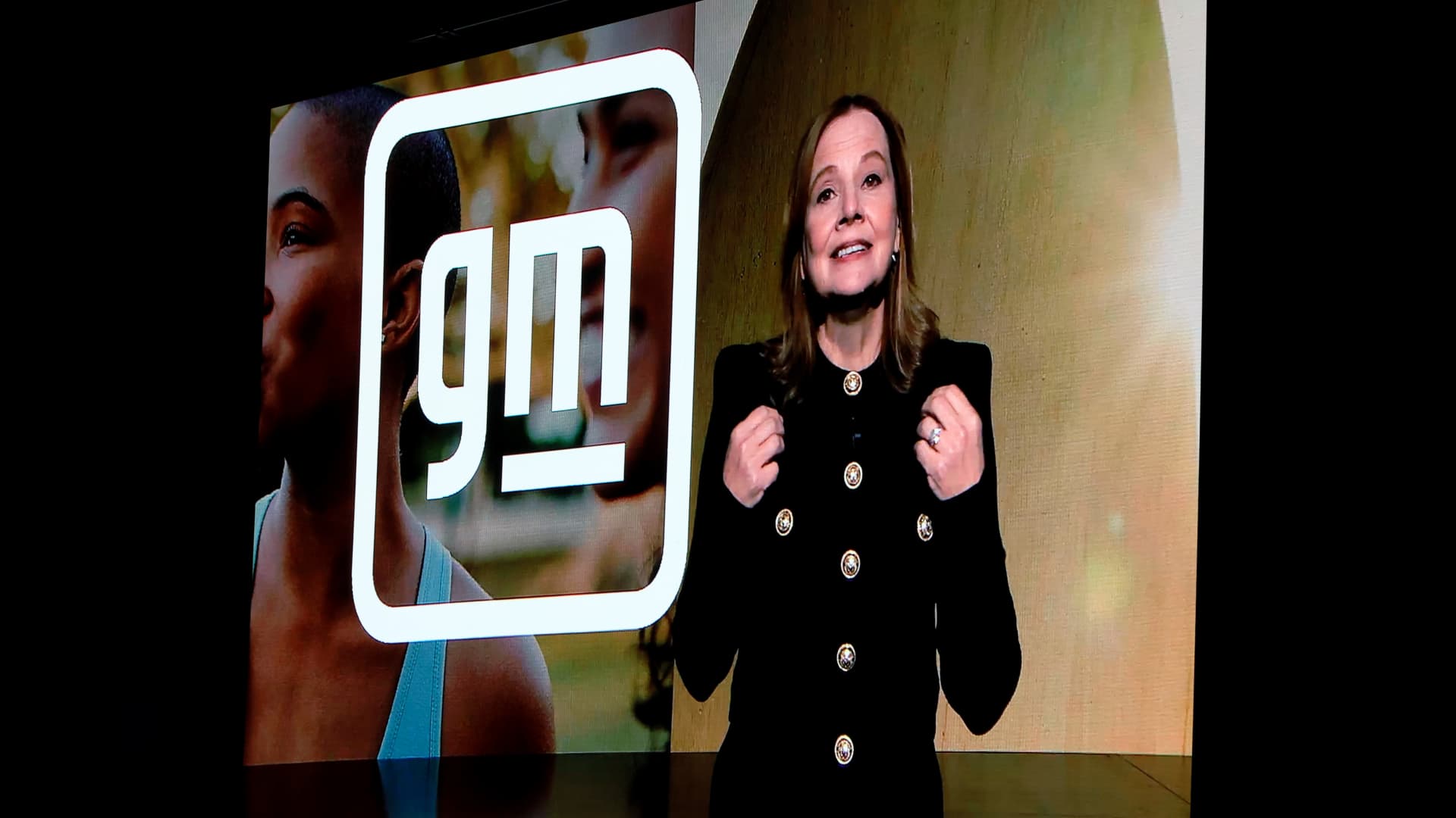 General Motors Chair and CEO Mary Barra is shown on screen via livestream as she introduces her digitally delivered keynote address at CES 2022 at The Venetian Las Vegas on January 5, 2022 in Las Vegas, Nevada.