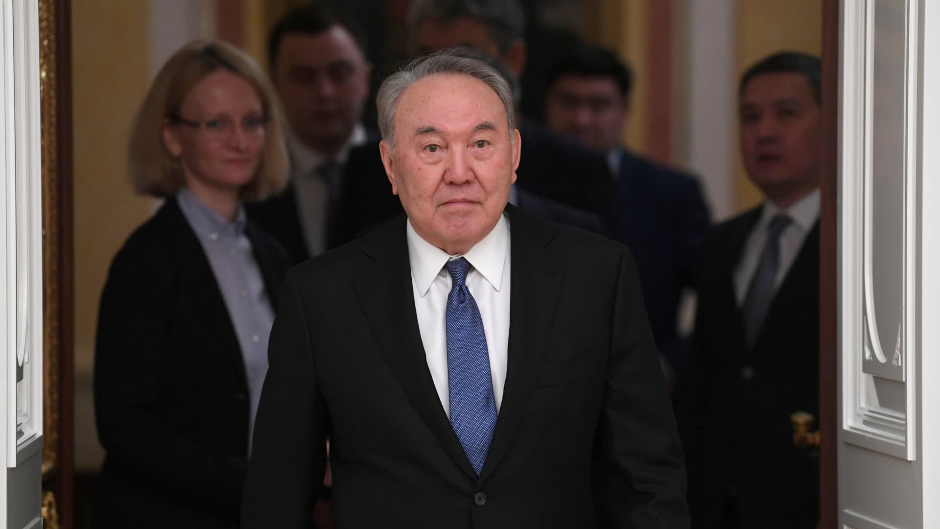 Kazakh former President Nursultan Nazarbayev attends a meeting with Russian President Vladimir Putin in Moscow, Russia March 10, 2020.