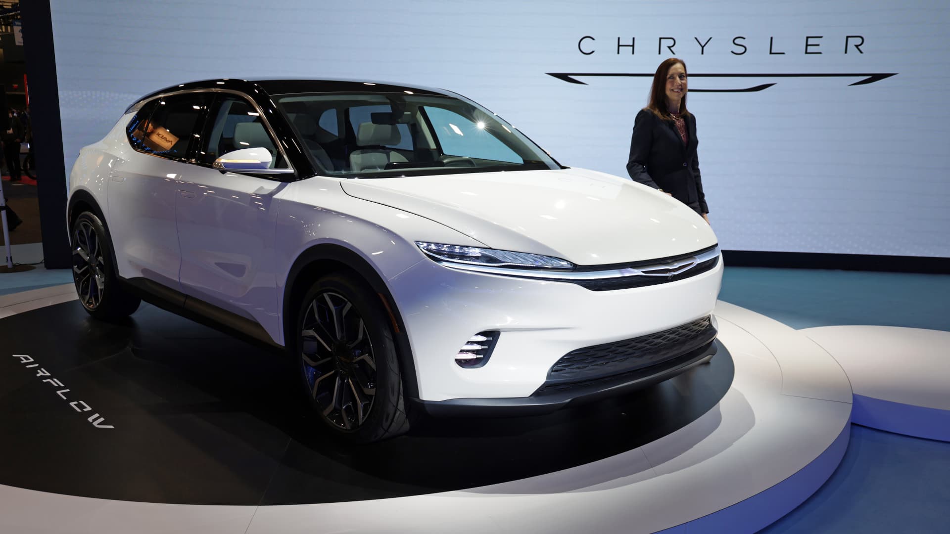 Chris Feuell, CEO of Chrysler brand of Stellantis, introduces the all-electric Chrysler Airflow Concept vehicle during a Stellantis press event at CES 2022 at the Las Vegas Convention Center on January 5, 2022 in Las Vegas, Nevada.