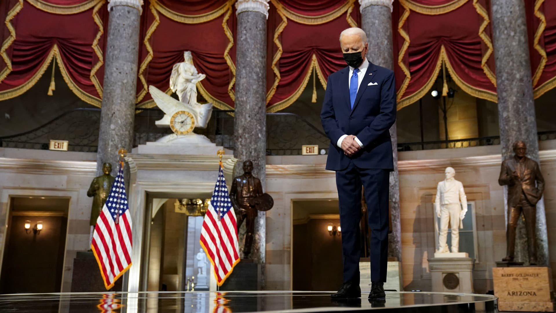 U.S. President Joe Biden attends an event in Statuary Hall on the first anniversary of the January 6, 2021 attack on the U.S. Capitol by supporters of former President Donald Trump, on Capitol Hill in Washington, U.S., January 6, 2022.
