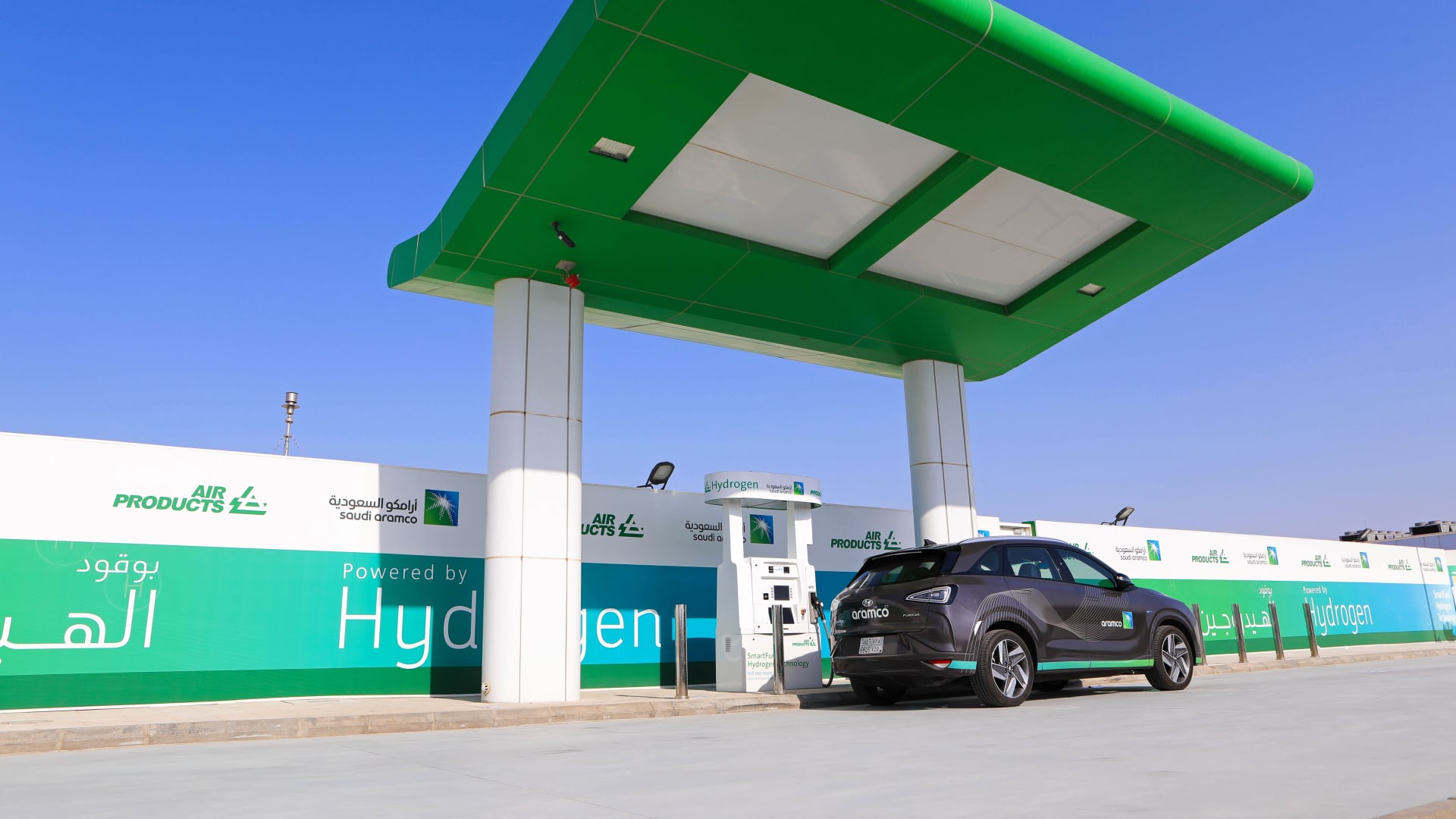 A hydrogen-powered vehicle during refueling at the newly opened hydrogen fueling station, operated by Saudi Aramco, in the Air Products New Technology Center in Dhahran, Saudi Arabia, on Sunday, June 27, 2021. Saudi Aramco outlined plans to invest in blue hydrogen as the world shifts away from dirtier forms of energy, but said it will take at least until the end of this decade before a global market for the fuel is developed.