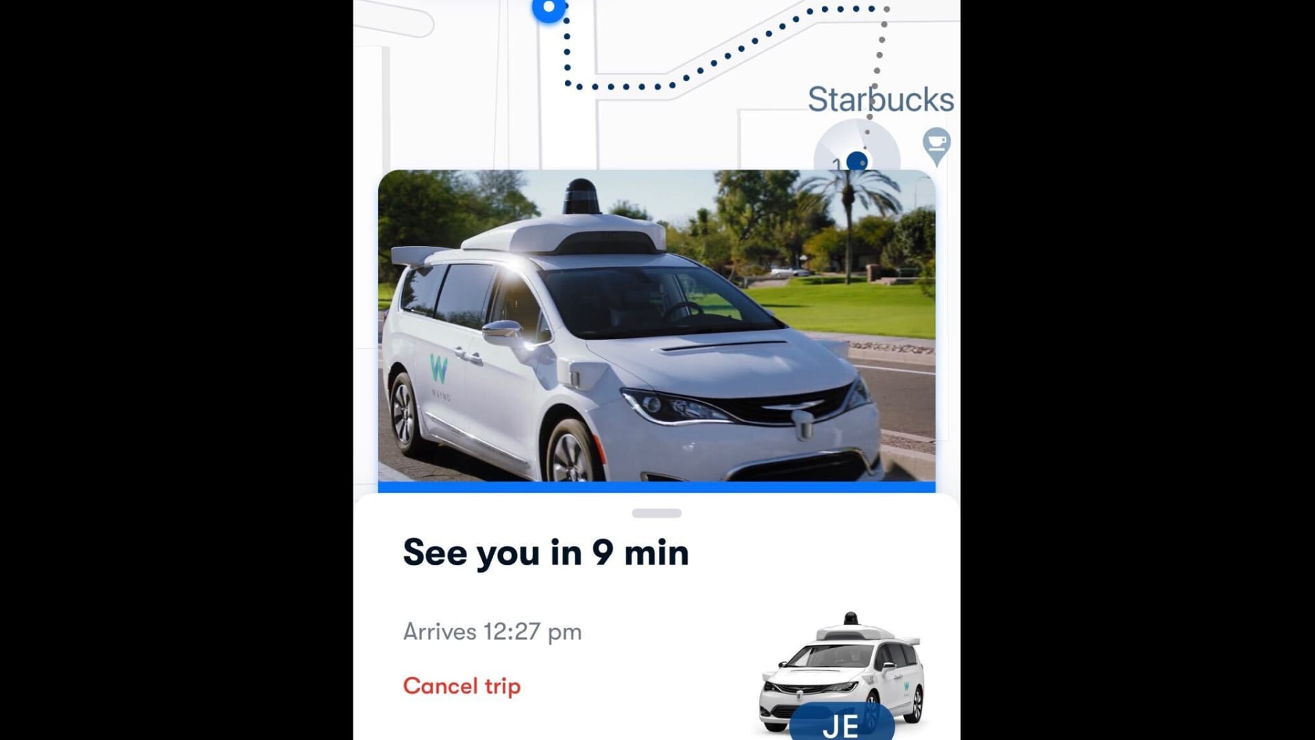Waymo One app displays a time frame to expect the ride.