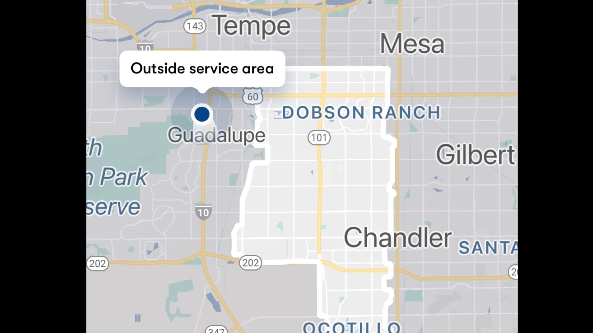 The Waymo One app shows a map of the company's limited service area in the Phoenix region for the user to see before ordering a vehicle.