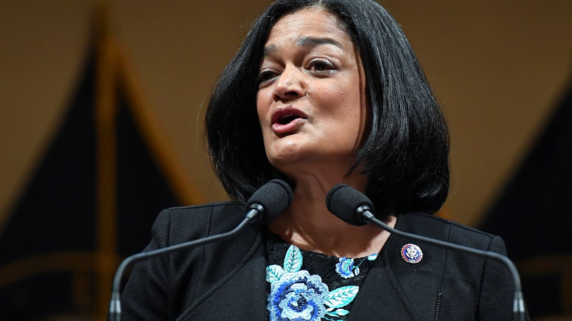 Rep. Pramila Jayapal (D-WA) speaks as members share the recollections on the first anniversary of the assault on the Capitol in the Cannon House Office Building in Washington, January 6, 2022.