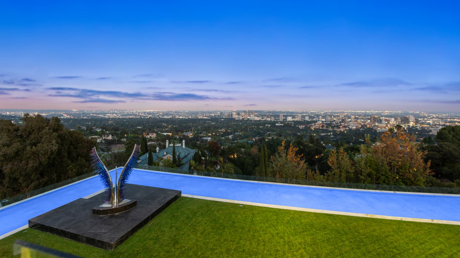 The megahome's view of Los Angeles at dusk.