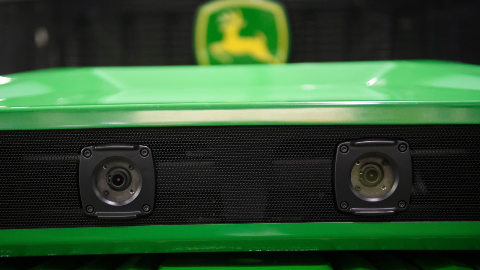 Front cameras on the Deer & Co. John Deere 8R fully autonomous tractor displayed ahead of the Consumer Electronics Show (CES) on January 4, 2022 in Las Vegas, Nevada.