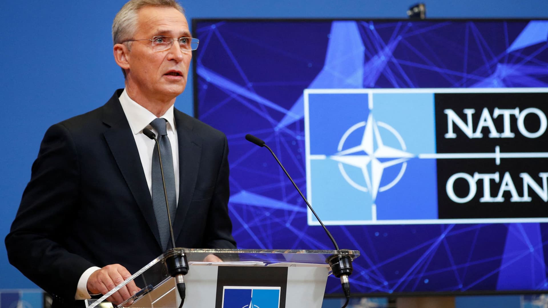 NATO Secretary General Jens Stoltenberg speaks during a news conference at the Alliance's headquarters in Brussels, Belgium January 7, 2022.