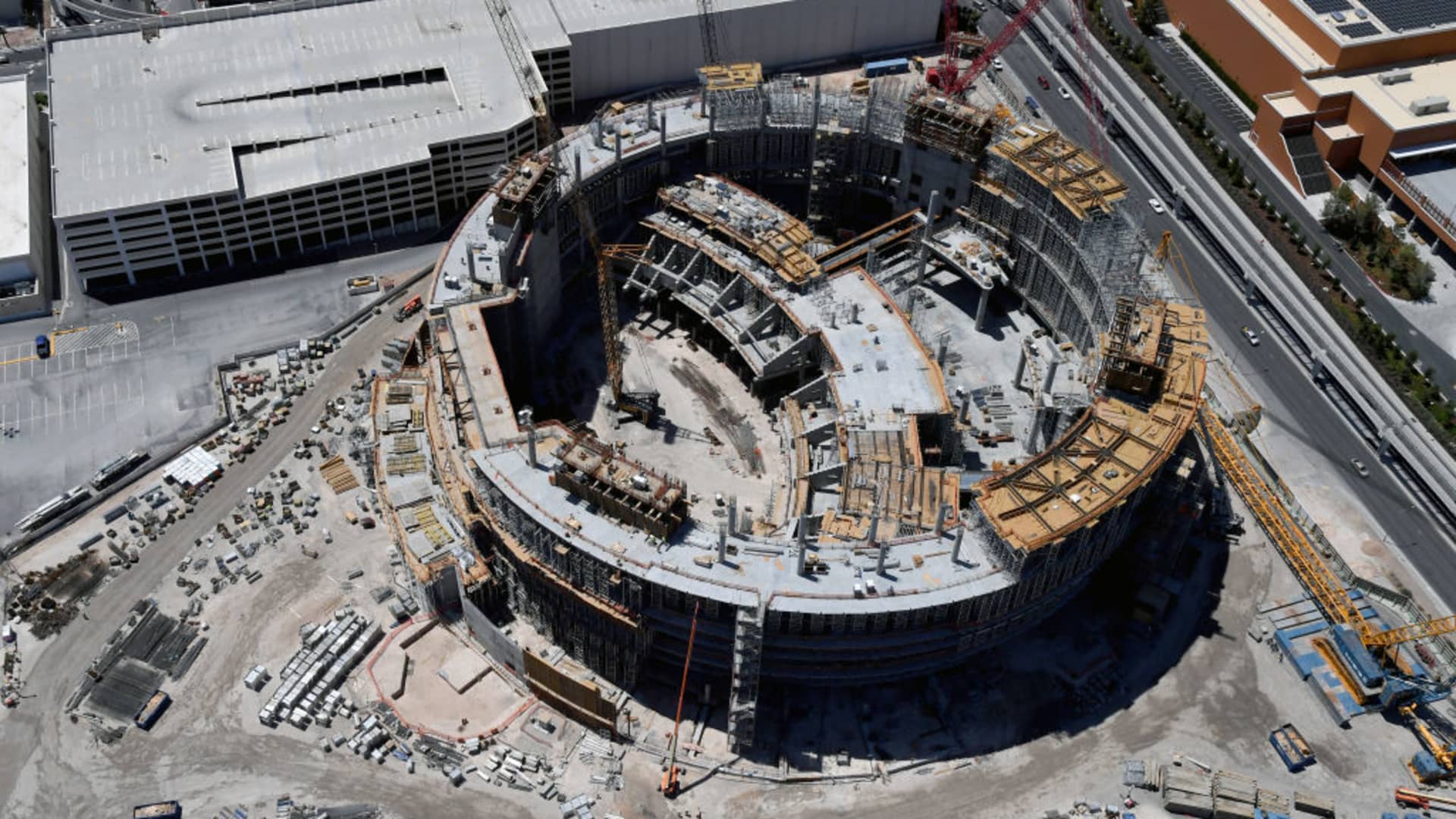 An aerial view shows the USD 1.66 billion MSG Sphere at The Venetian, where construction work is stopped due to the coronavirus (COVID-19) pandemic on May 21, 2020 in Las Vegas, Nevada.