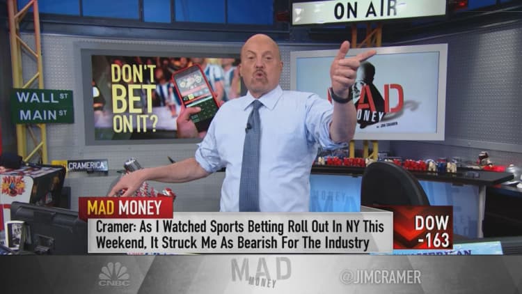 Jim Cramer says stay away from online sports gambling stocks for now, citing too much competition