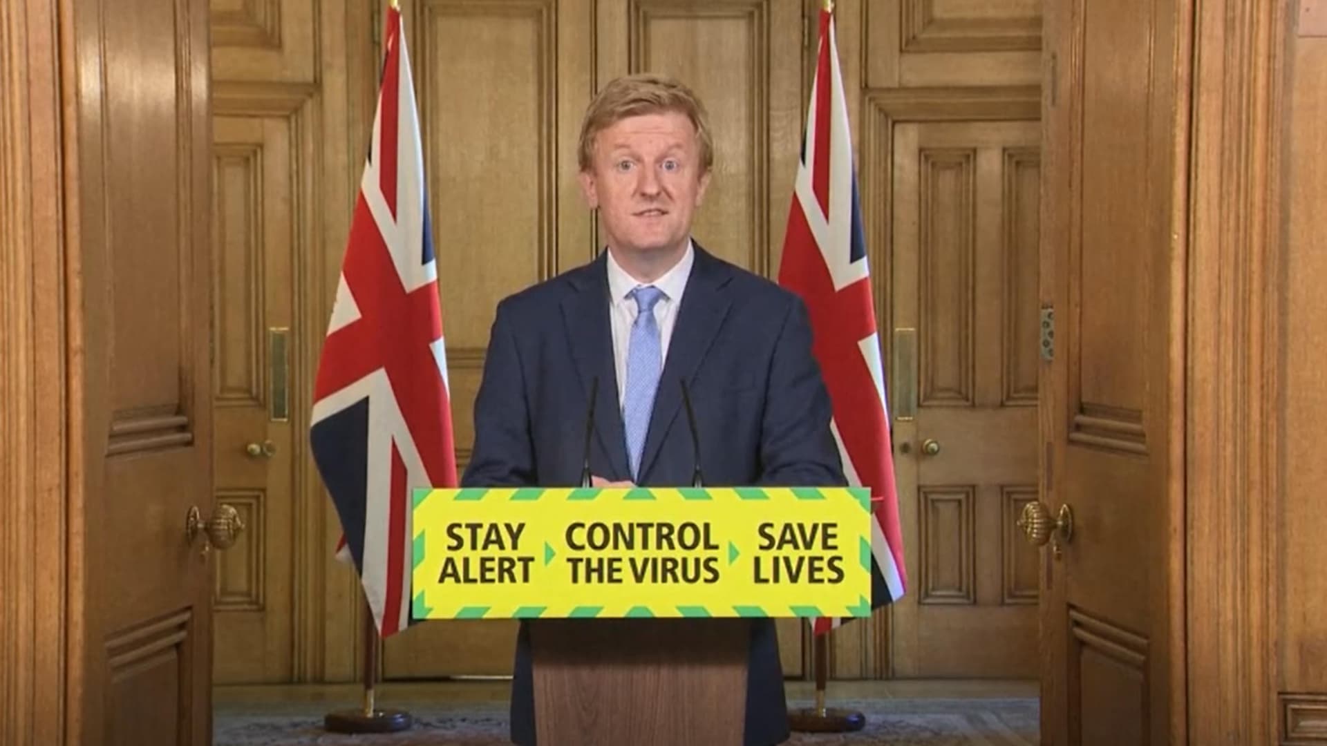 Screen grab of Digital, Culture, Media and Sport Secretary Oliver Dowden during a Covid media briefing in Downing Street, London, on May 20, 2020.