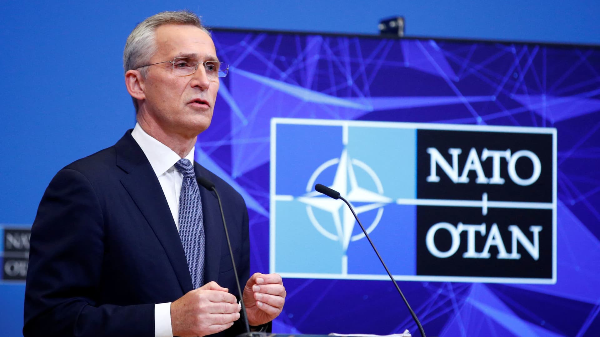 NATO Secretary General Jens Stoltenberg speaks during a news conference at the Alliance's headquarters in Brussels, Belgium January 12, 2022.