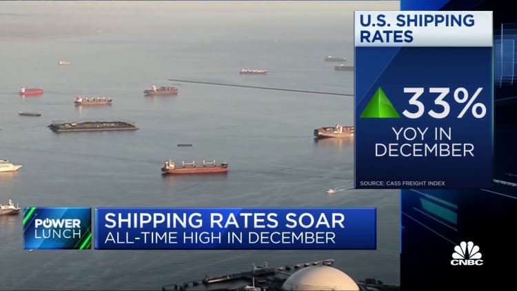 U.S. shipping rates up 33 percent year-over-year in December