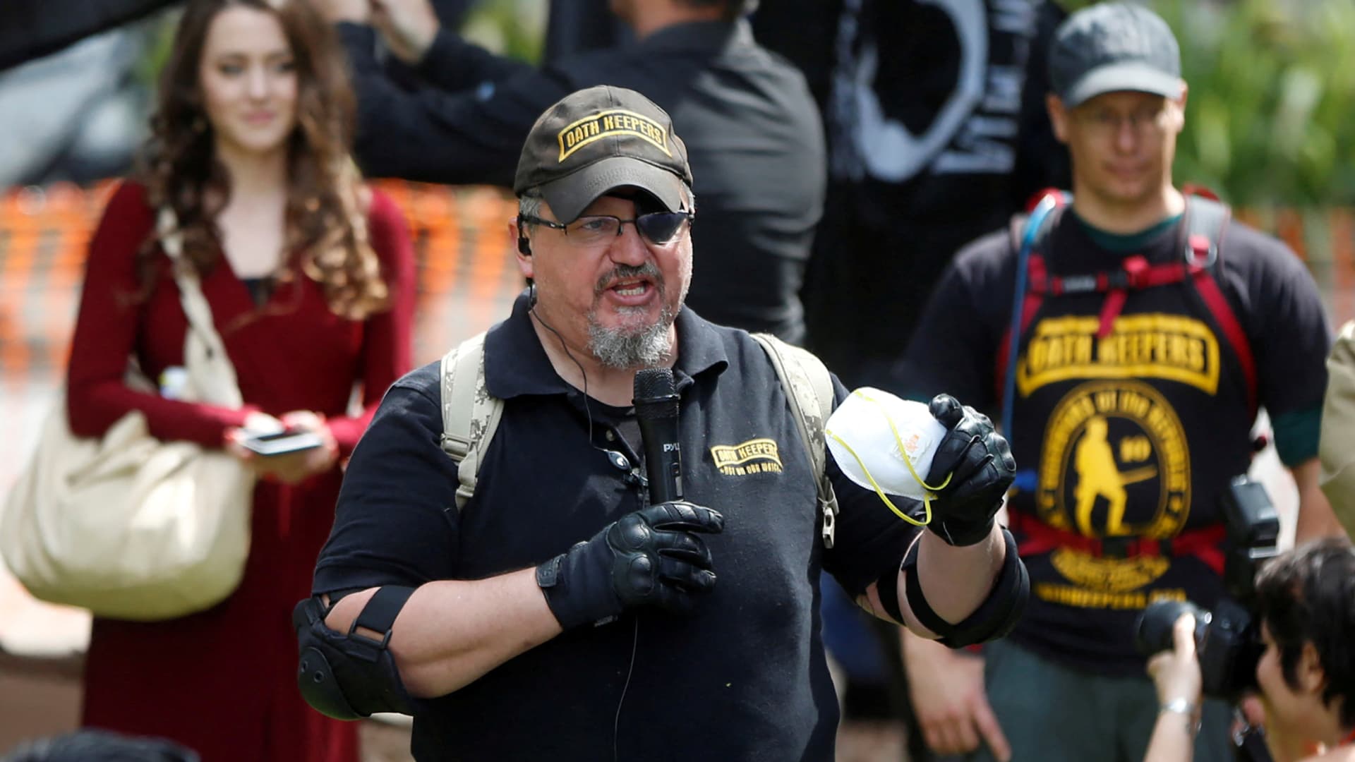 Oath Keepers founder, Stewart Rhodes, speaks during the Patriots Day Free Speech Rally in Berkeley, California, U.S. April 15, 2017.