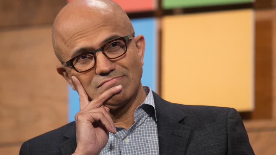 Microsoft CEO Satya Nadella listen to an audience member question during the company's annual shareholder meeting in Bellevue, Wash., on November 30, 2016.